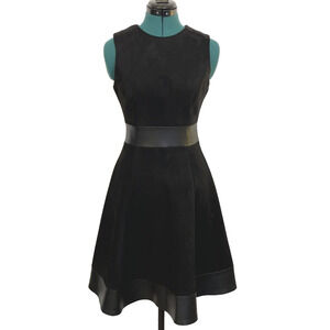 Calvin Klein Black Fit and Flare Dress‎ Faux Suede with Leather Trim Size 2 EUC